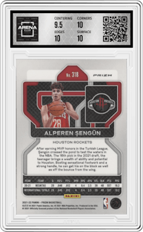 Alperen Sengun from the 2021-22 Panini Prizm  set featuring a Red Ice parallel graded by Arena Club and given an overall grade of 10.