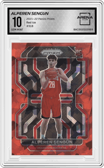 Alperen Sengun from the 2021-22 Panini Prizm  set featuring a Red Ice parallel graded by Arena Club and given an overall grade of 10.