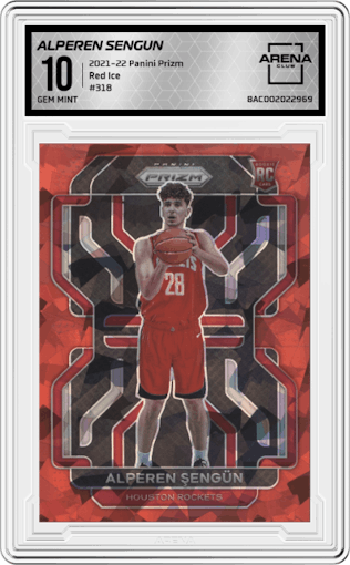 Alperen Sengun from the 2021-22 Panini Prizm  set featuring a Red Ice parallel graded by Arena Club and given an overall grade of 10.
