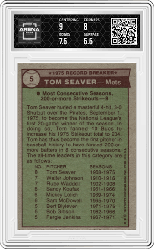 Tom Seaver  from the 1976 Topps set graded by Arena Club and given an overall grade of 6.