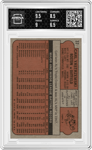 Carl Yastrzemski from the 1972 Topps set graded by Arena Club and given an overall grade of 7.