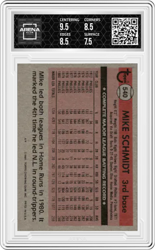 Mike Schmidt from the 1981 Topps set graded by Arena Club and given an overall grade of 8.