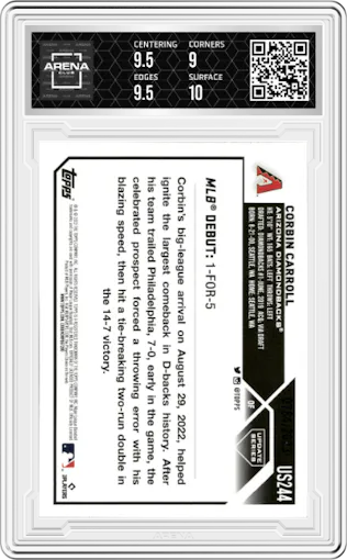  Corbin Carroll from the 2023 Topps Update set featuring a Gold  parallel graded by Arena Club and given an overall grade of 9.5.