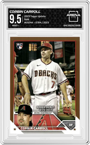  Corbin Carroll from the 2023 Topps Update set featuring a Gold  parallel graded by Arena Club and given an overall grade of 9.5.