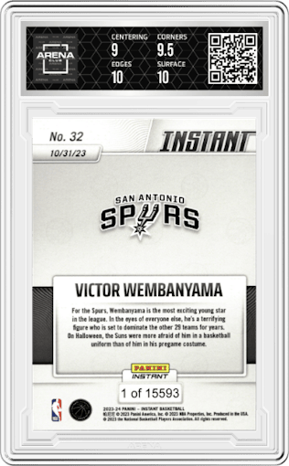 Victor Wembanyama from the 2023-24 Panini Instant NBA set graded by Arena Club and given an overall grade of 9.5.