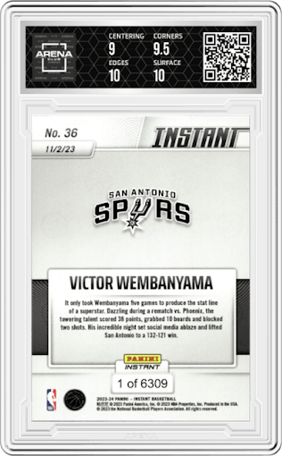 Victor Wembanyama from the 2023-24 Panini Instant NBA set graded by Arena Club and given an overall grade of 9.5.