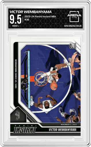 Victor Wembanyama from the 2023-24 Panini Instant NBA set graded by Arena Club and given an overall grade of 9.5.