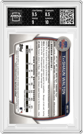 TayShaun Walton from the 2023 Bowman Draft set featuring a Sky Blue parallel graded by Arena Club and given an overall grade of 9.