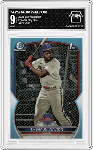 TayShaun Walton from the 2023 Bowman Draft set featuring a Sky Blue parallel graded by Arena Club and given an overall grade of 9.