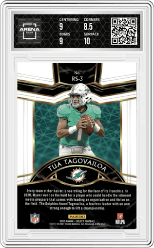 Tua Tagovailoa from the 2020 Panini Select set graded by Arena Club and given an overall grade of 9.