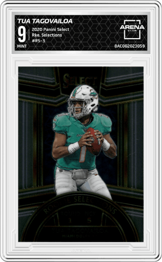 Tua Tagovailoa from the 2020 Panini Select set graded by Arena Club and given an overall grade of 9.