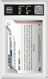 Bo Bichette from the 2020 Topps Update  set graded by Arena Club and given an overall grade of 9.5.