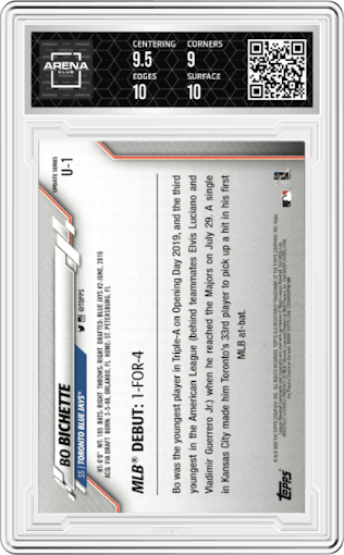 Bo Bichette from the 2020 Topps Update  set graded by Arena Club and given an overall grade of 9.5.