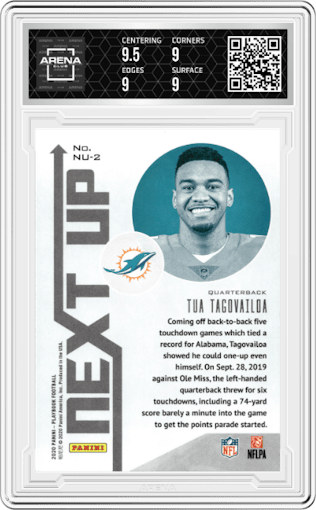 Tua Tagovailoa from the 2020 Panini Playbook set graded by Arena Club and given an overall grade of 9.