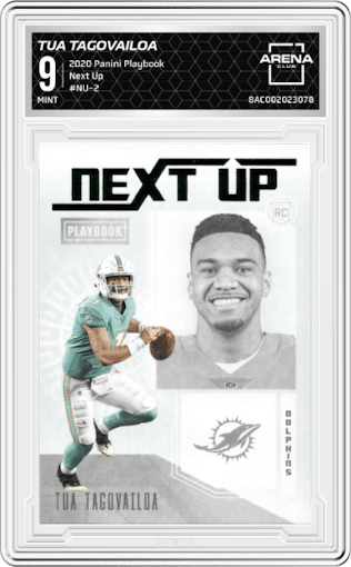 Tua Tagovailoa from the 2020 Panini Playbook set graded by Arena Club and given an overall grade of 9.