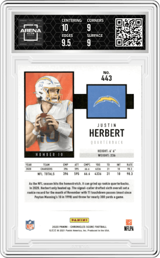 Justin Herbert from the 2020 Panini Chronicles set graded by Arena Club and given an overall grade of 9.5.