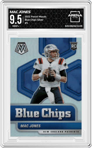 Mac Jones from the 2021 Panini Mosaic set featuring a Silver parallel graded by Arena Club and given an overall grade of 9.5.