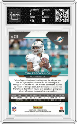Tua Tagovailoa from the 2020 Panini Prizm set graded by Arena Club and given an overall grade of 9.5.