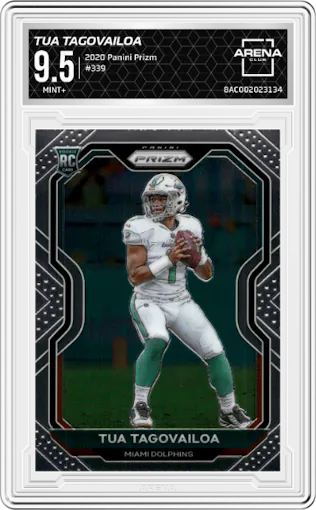 Tua Tagovailoa from the 2020 Panini Prizm set graded by Arena Club and given an overall grade of 9.5.