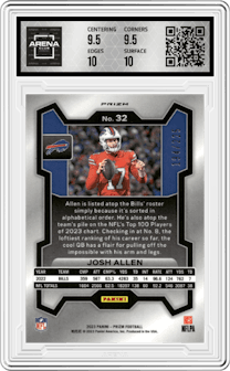 Josh Allen from the 2023 Panini Prizm set featuring a Purple Ice parallel graded by Arena Club and given an overall grade of 10.