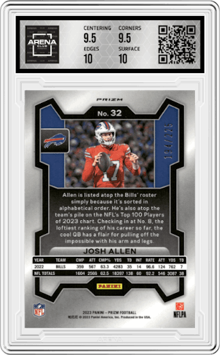 Josh Allen from the 2023 Panini Prizm set featuring a Purple Ice parallel graded by Arena Club and given an overall grade of 10.