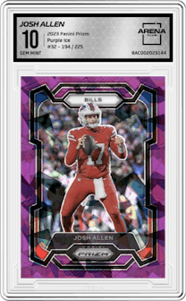 Josh Allen from the 2023 Panini Prizm set featuring a Purple Ice parallel graded by Arena Club and given an overall grade of 10.