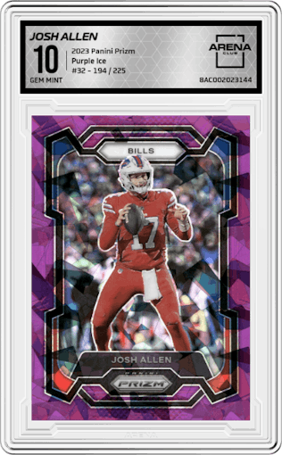 Josh Allen from the 2023 Panini Prizm set featuring a Purple Ice parallel graded by Arena Club and given an overall grade of 10.