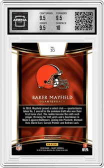 Baker Mayfield from the 2018 Panini Select set graded by Arena Club and given an overall grade of 10.