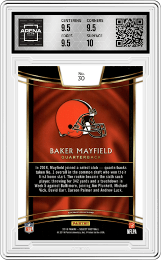 Baker Mayfield from the 2018 Panini Select set graded by Arena Club and given an overall grade of 10.