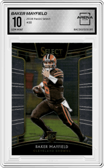 Baker Mayfield from the 2018 Panini Select set graded by Arena Club and given an overall grade of 10.