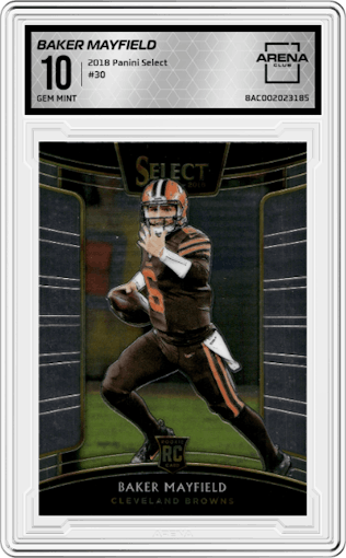 Baker Mayfield from the 2018 Panini Select set graded by Arena Club and given an overall grade of 10.