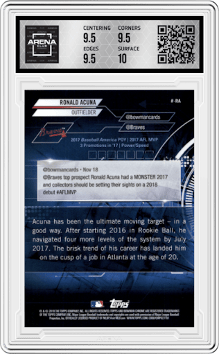 Ronald Acuna from the 2018 Bowman set graded by Arena Club and given an overall grade of 10.