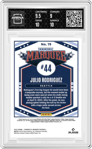 Julio Rodriguez from the 2022 Panini Chronicles set featuring a Blue parallel graded by Arena Club and given an overall grade of 9.5.