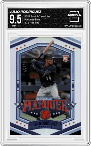 Julio Rodriguez from the 2022 Panini Chronicles set featuring a Blue parallel graded by Arena Club and given an overall grade of 9.5.