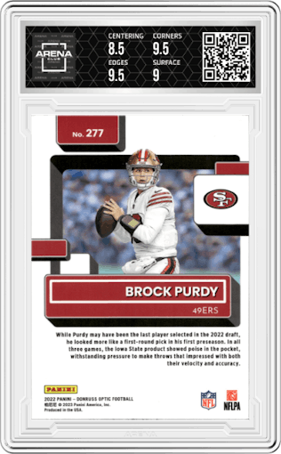 Brock Purdy from the 2022 Panini Donruss Optic set graded by Arena Club and given an overall grade of 9.
