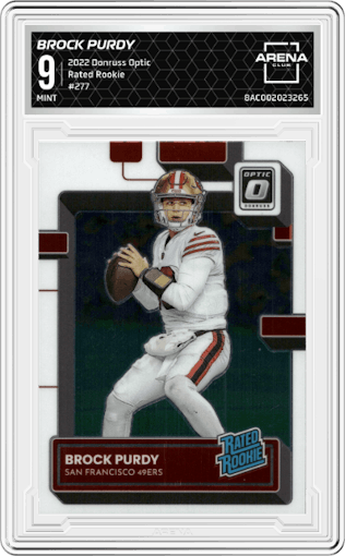 Brock Purdy from the 2022 Panini Donruss Optic set graded by Arena Club and given an overall grade of 9.