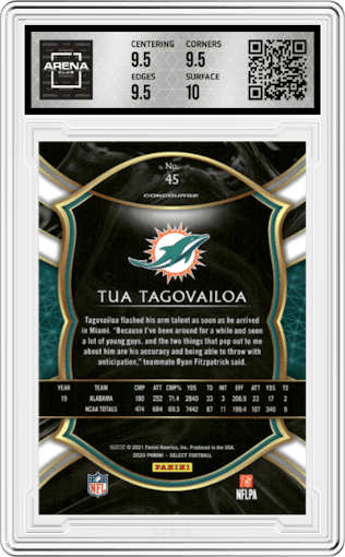 Tua Tagovailoa from the 2020 Panini Select set graded by Arena Club and given an overall grade of 10.