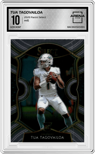 Tua Tagovailoa from the 2020 Panini Select set graded by Arena Club and given an overall grade of 10.