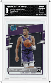 Tyrese Haliburton from the 2020-21 Panini Donruss Optic set graded by Arena Club and given an overall grade of 9.