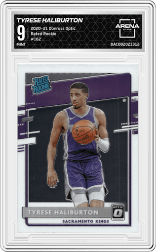 Tyrese Haliburton from the 2020-21 Panini Donruss Optic set graded by Arena Club and given an overall grade of 9.