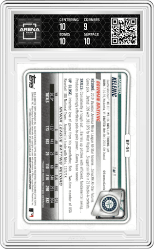 Jarred Kelenic from the 2023 Topps Archives Signature Series Active Player Edition  set graded by Arena Club and given an overall grade of 9.5.