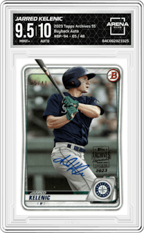 Jarred Kelenic from the 2023 Topps Archives Signature Series Active Player Edition  set graded by Arena Club and given an overall grade of 9.5.
