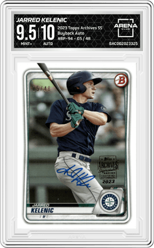 Jarred Kelenic from the 2023 Topps Archives Signature Series Active Player Edition  set graded by Arena Club and given an overall grade of 9.5.