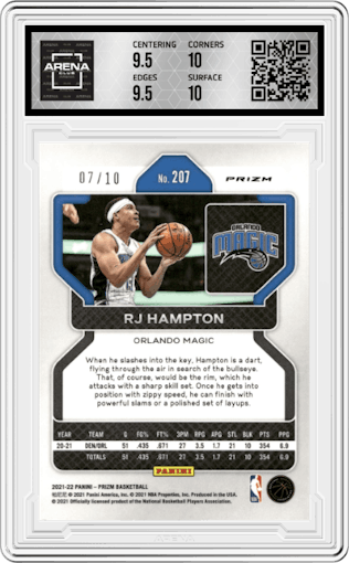RJ Hampton from the 2021-22 Panini Prizm  set featuring a Gold Shimmer parallel graded by Arena Club and given an overall grade of 10.