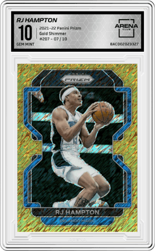 RJ Hampton from the 2021-22 Panini Prizm  set featuring a Gold Shimmer parallel graded by Arena Club and given an overall grade of 10.