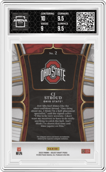 C.J. Stroud from the 2023 Panini Select Draft Picks set featuring a Blue Retail parallel graded by Arena Club and given an overall grade of 9.5.