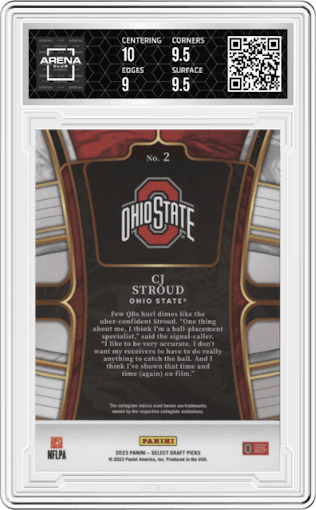 C.J. Stroud from the 2023 Panini Select Draft Picks set featuring a Blue Retail parallel graded by Arena Club and given an overall grade of 9.5.