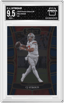 C.J. Stroud from the 2023 Panini Select Draft Picks set featuring a Blue Retail parallel graded by Arena Club and given an overall grade of 9.5.