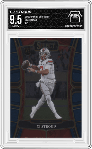 C.J. Stroud from the 2023 Panini Select Draft Picks set featuring a Blue Retail parallel graded by Arena Club and given an overall grade of 9.5.