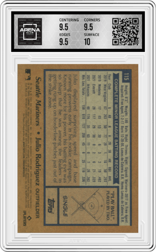 Julio Rodriguez from the 2022 Topps Archives set graded by Arena Club and given an overall grade of 10.